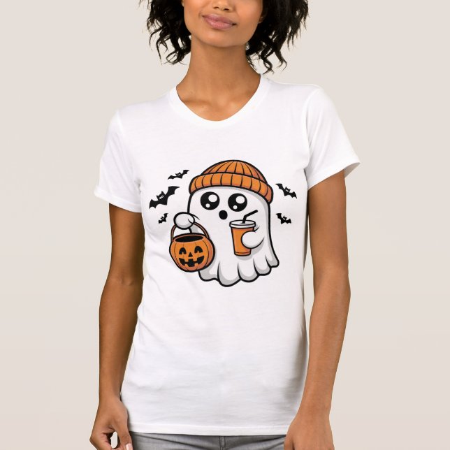 Camiseta Fantasma naranja de Halloween Kawaii Gorro Espírit (Anverso)