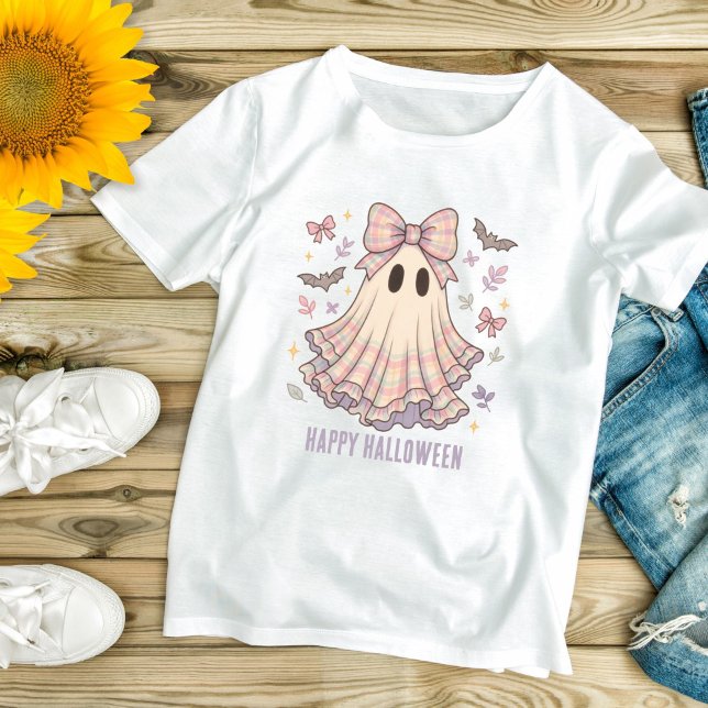 Camiseta Fantasma Preppy personalizada Coquette Halloween (Pastel Plaid Preppy Ghost Coquette Bow Halloween T-shirt for her)