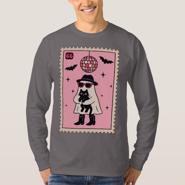 Camiseta Fantasma retro disco con sello de Halloween de gat (Anverso)