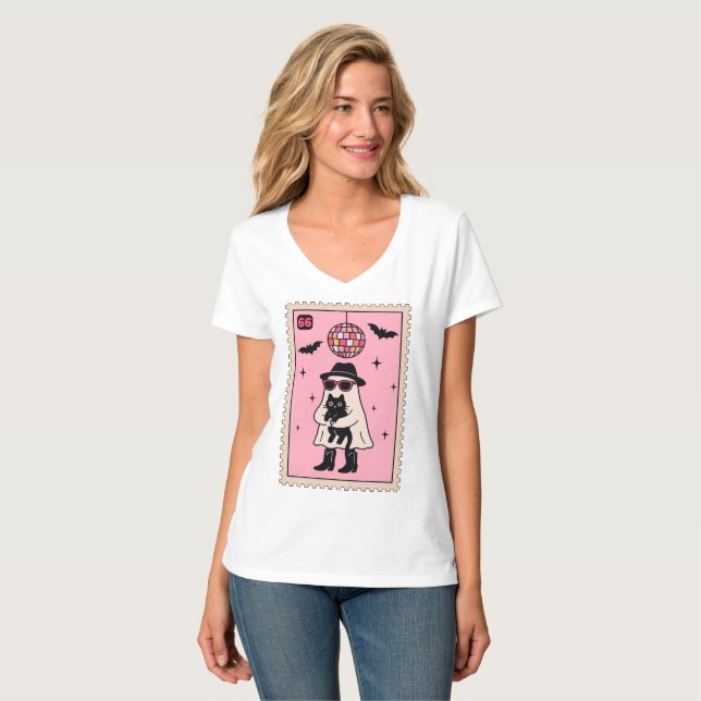 Camiseta Fantasma retro disco con sello de Halloween de gat (Anverso completo)
