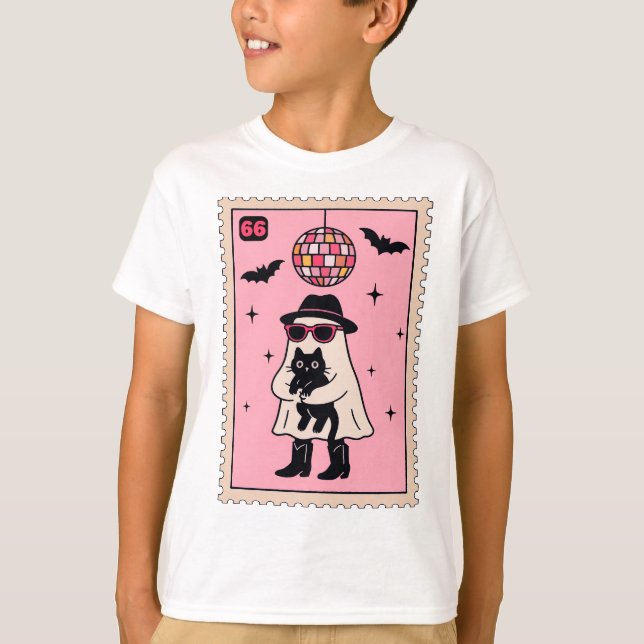 Camiseta Fantasma retro disco con sello de Halloween de gat (Anverso)