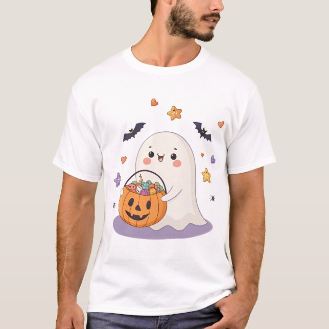 Camiseta Fantasma suave con cubo de golosinas de truco o de (Anverso)
