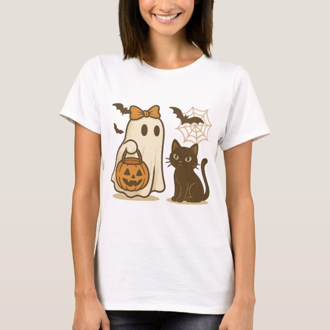 Camiseta Fantasma suave con reverso y gato negro - Kawaii e (Anverso)