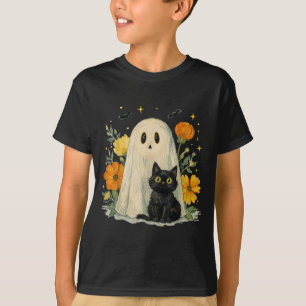 Camiseta Fantasma vintage de Halloween Gato negro floral gr