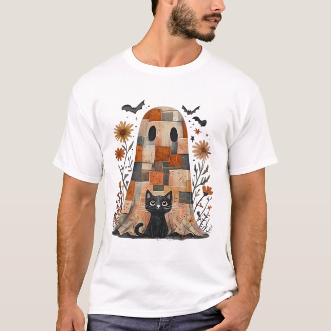 Camiseta Fantasma y gato de Halloween de patchwork, retro e (Anverso)
