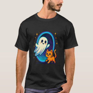 Camiseta Fantasma y gato lindos en la puerta
