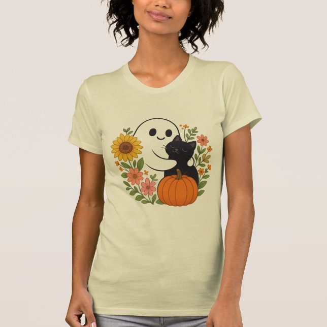Camiseta Fantasma y gato negro adorables cayeron Halloween (Anverso)