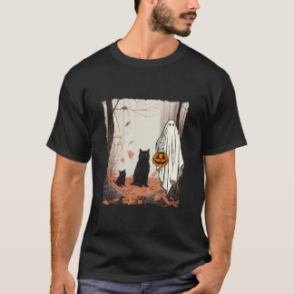 Camiseta Fantasma Y Gatos En La Caída Forestal Otoño Hallow