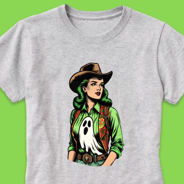 Camiseta Fantasmosa temporada de gallina de la retro verde  (Spooky Season Green Retro Cowgirl with Ghost T-Shirt)