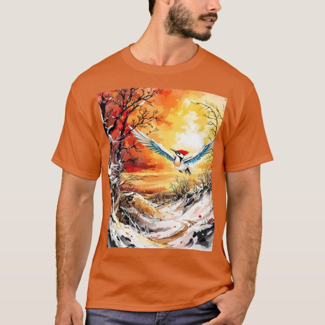 Camiseta Fantasy Cute Forest Woodpecker Sunset (Anverso)