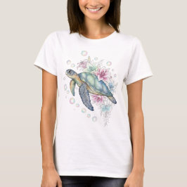 Camiseta Fantasy Sea Turtle with Flowers and Pearlescent Bu