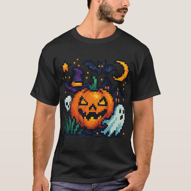 Camiseta Farbenfrohes Halloween Pixelart – Kürbis, Geist &  (Anverso)