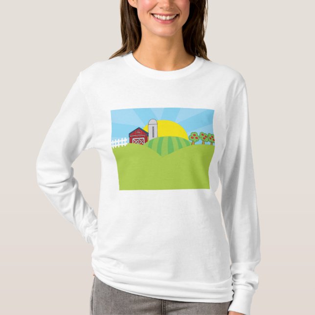 Camiseta Farm Landscape Red Barn Silo Apple Trees (Anverso)