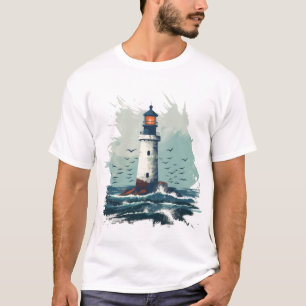 Camiseta Faro Brillando Sobre Olas - Arte Minimalista