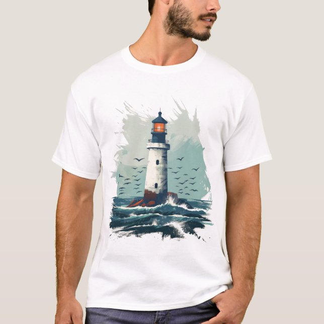 Camiseta Faro Brillante Sobre Olas - Arte Minimalista (Anverso)