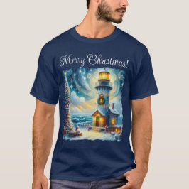 Camiseta Faro de árbol de navidad azul costero náutico