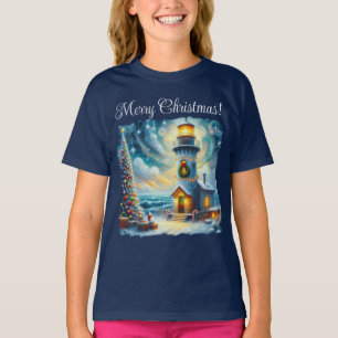 Camiseta Faro de árbol de navidad azul costero náutico
