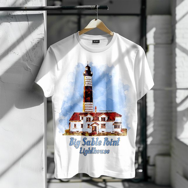 Camiseta Faro de Big Sable Point Acuarela - Míchigan (Big Sable Point Lighthouse Watercolor - Michigan. Men Basic White T-Shirt)