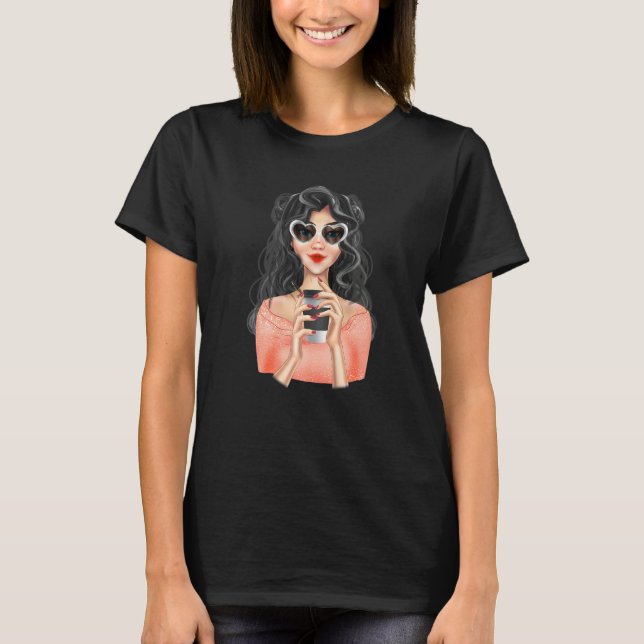 Camiseta Fashion Blonde Girl With Cup of Coffee with Heart  (Anverso)