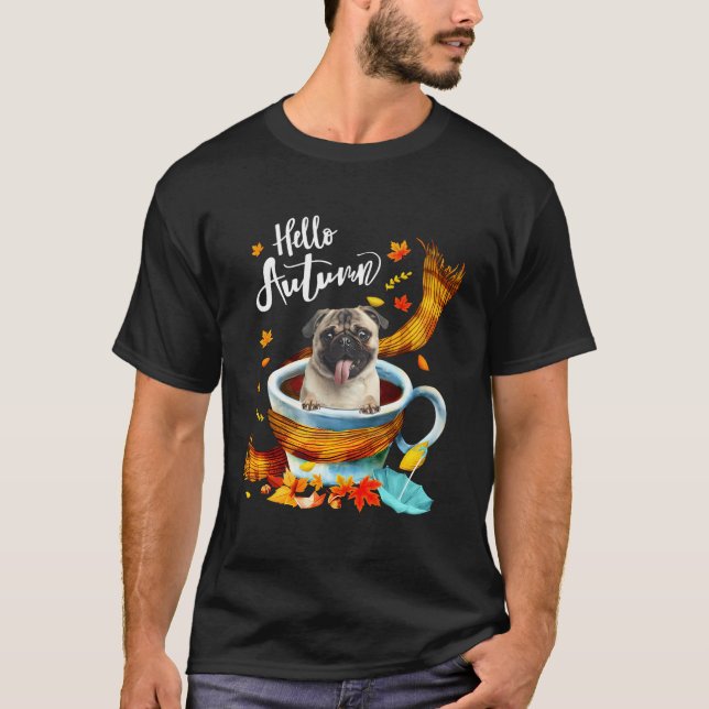 Camiseta Fawn Pug Dog Café Otoño Hola Otoño Caída (Anverso)