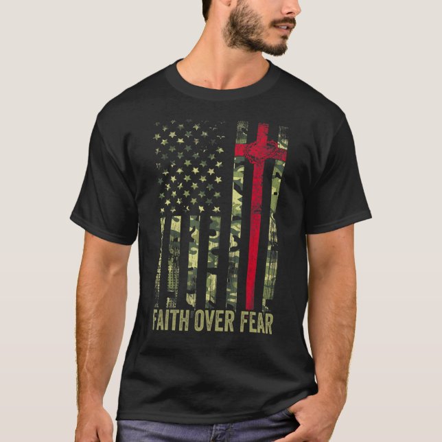 Camiseta Fe De Fuerza Cruz Cristiana Bandera Estadounidense (Anverso)