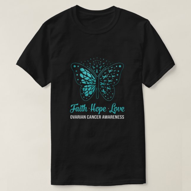 Camiseta Fe Esperanza Amor Verde azulado Cáncer de ovarios  (Diseño del anverso)