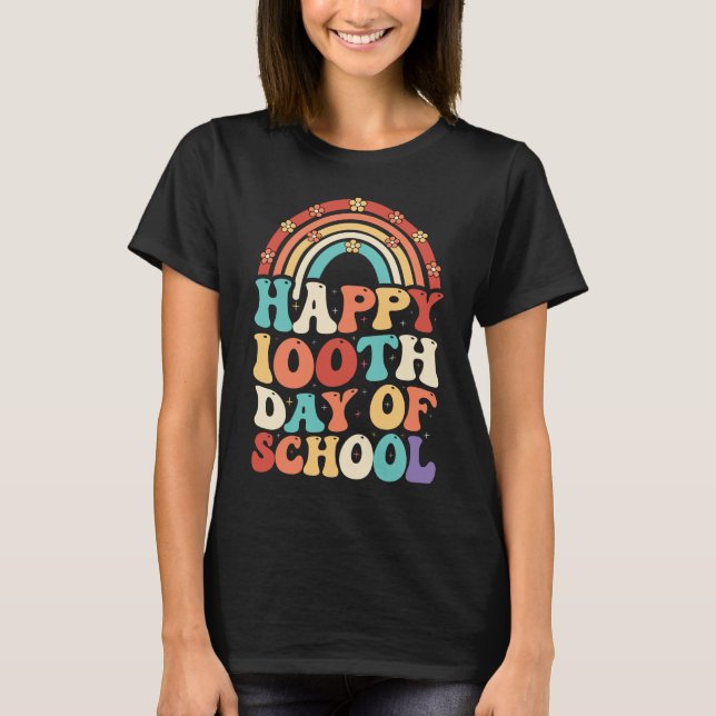 Camiseta Felices 100 días del Groovy Arcoiris Retro Escolar (Anverso)