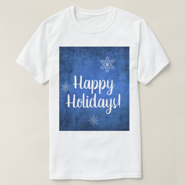 Camiseta Felices fiestas, copos de nieve en azul (Diseño del anverso)