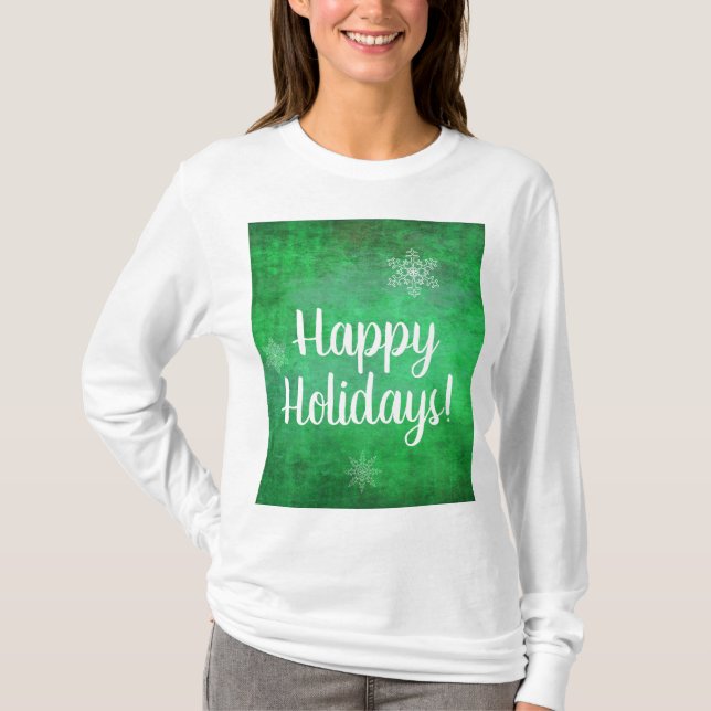 Camiseta Felices fiestas, copos de nieve en verde (Anverso)