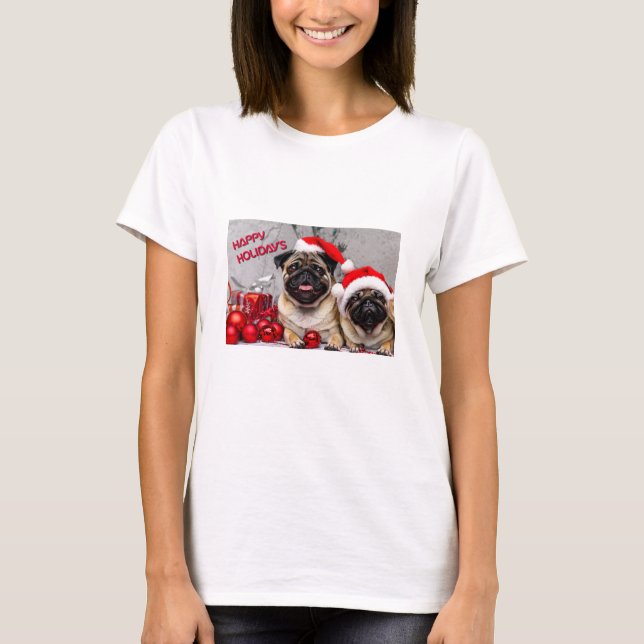Camiseta Felices fiestas Mascota Perro Pug Fun (Anverso)