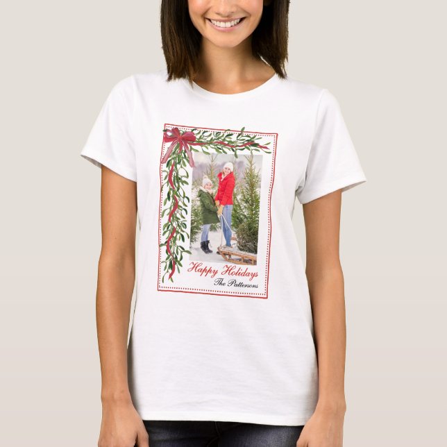 Camiseta Felices fiestas Mistletoe Red Bow Family Photo (Anverso)