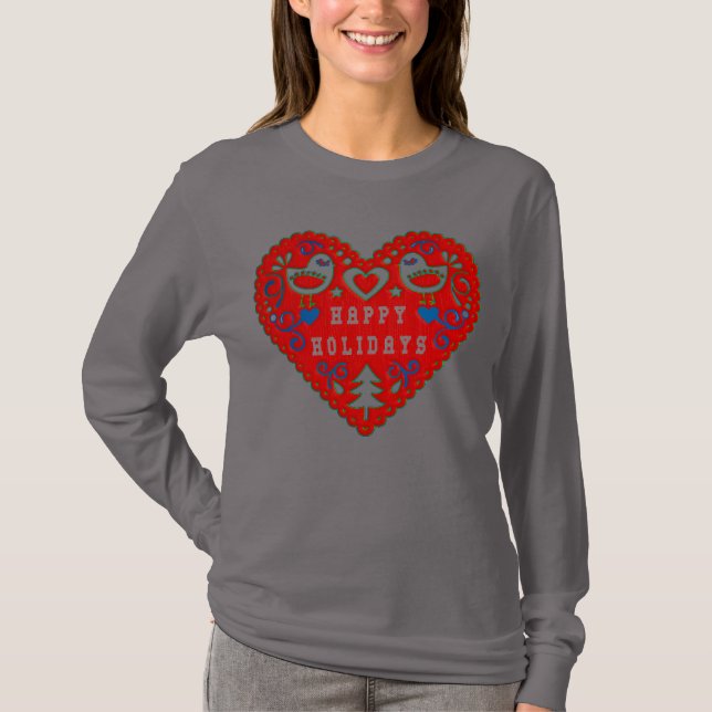 Camiseta Felices fiestas Red Festive Folk Art Heart (Anverso)