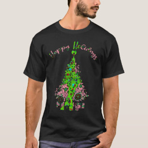 Camiseta Felices fiestas, un árbol de navidad rosado verde 