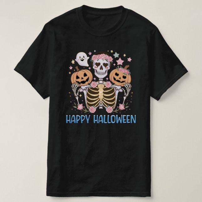Camiseta Felices Halloween Cute Skeleton (Diseño del anverso)