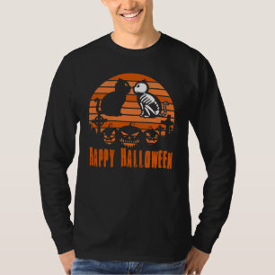 Camiseta Felices Halloween Skeleton Cat Retro Sunset