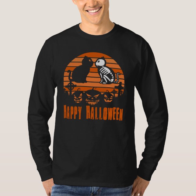 Camiseta Felices Halloween Skeleton Cat Retro Sunset (Anverso)