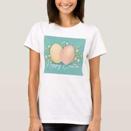 Camiseta Felices huevos de Pascua y flores rosa azul suave