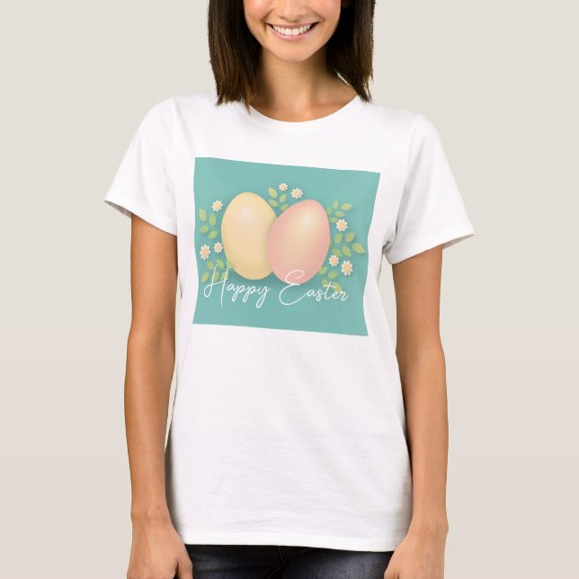 Camiseta Felices huevos de Pascua y flores rosa azul suave (Anverso)