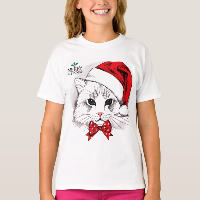 Camiseta Felices Navidad del gato blanco lindo (Anverso)