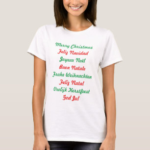 Camiseta Felices Navidad multilingues rojas y verdes