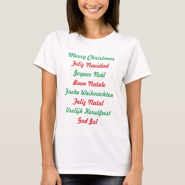 Camiseta Felices Navidad multilingues rojas y verdes (Anverso)