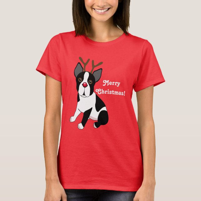 Camiseta ¡Felices Navidad! Perro del reno de Boston Terrier (Anverso)