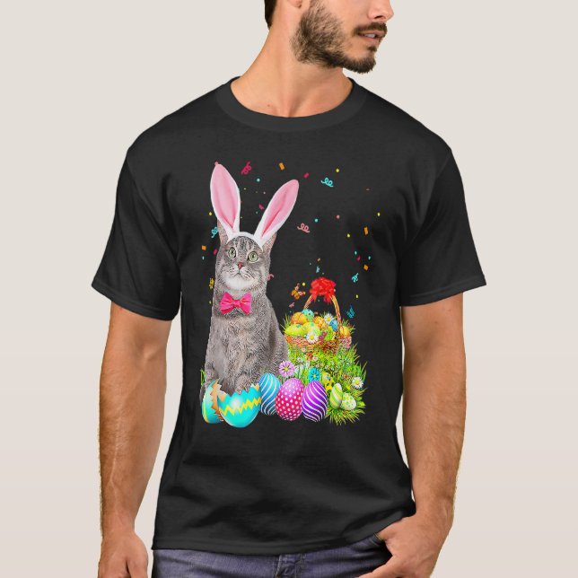Camiseta Felices Pascua, conejito y gato, hombres de la can (Anverso)