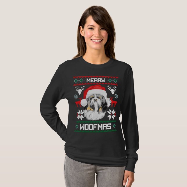 Camiseta Felices Woofmas Navidad de Shih Tzu (Anverso completo)