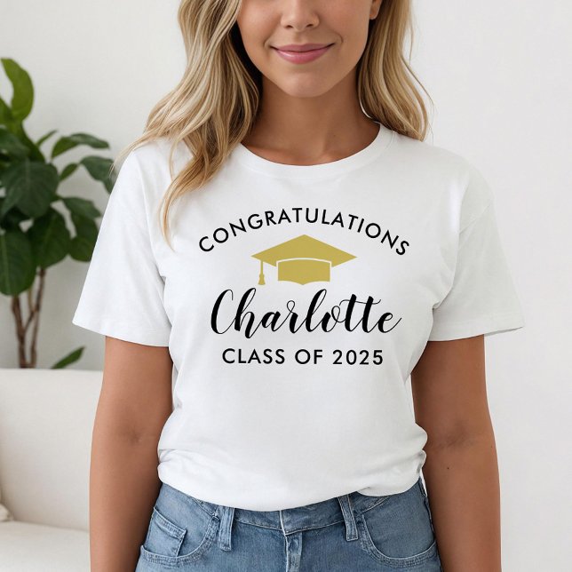 Camiseta Felicitaciones Graduación de nombre de guión dorad (Subido por el creador)