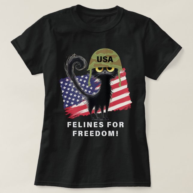 Camiseta FELINES POR LA LIBERTAD, gato patriótico en el cas (Diseño del anverso)