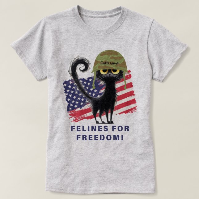 Camiseta FELINES POR LA LIBERTAD, gato patriótico en el cas (Diseño del anverso)
