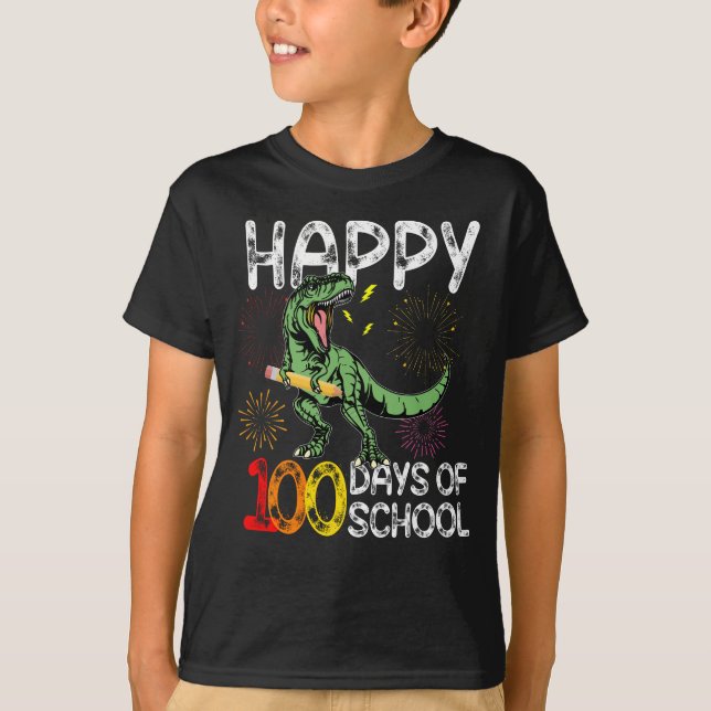 Camiseta feliz 100 días de dinosaurio escolar t rex (Anverso)