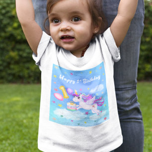 Camiseta Feliz 1er Cumpleaños Unicornio con Tarta de Cumple
