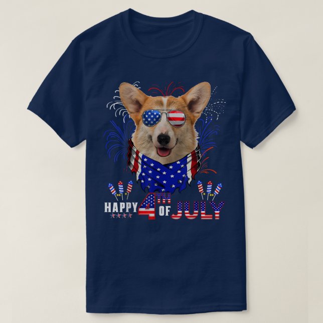Camiseta Feliz 4 De Julio Bandera Estadounidense Corgi Dog  (Diseño del anverso)